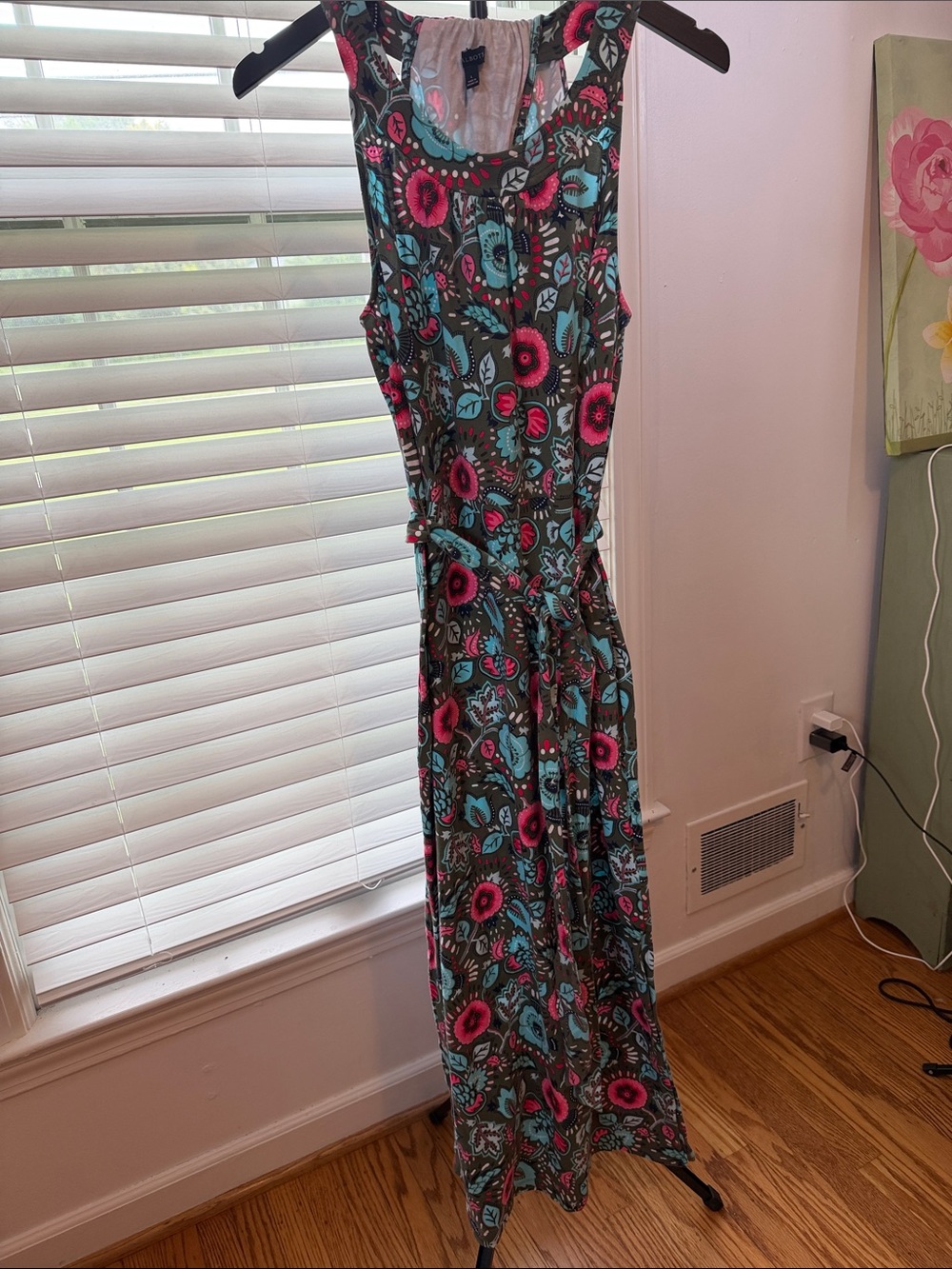 Talbots Floral Sleeveless Maxi Dress in Gray with Pink & Teal Size L